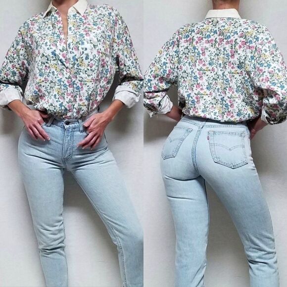 𝅺VINTAGE 90s Falls Creek Button Up Floral Denim Top - Picture 1 of 15